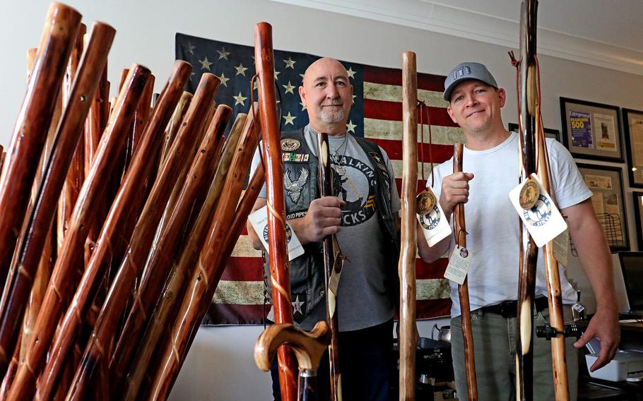 Ken Watters, of Canal Winchester, left, is one of the veterans who works for River Walking Sticks, a business created by Dublin resident Joe Daley, right. It employs veterans and donates to organizations that  help them.