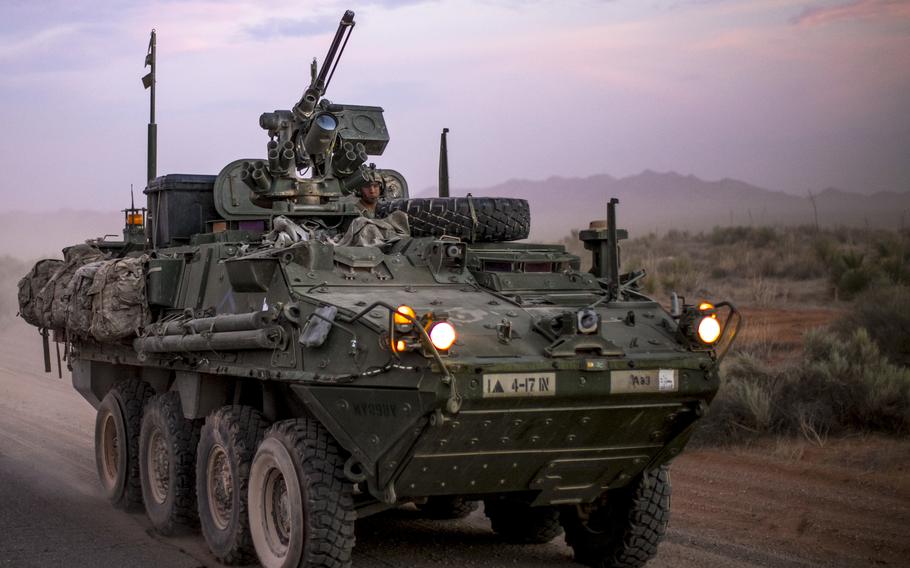 A Stryker armored personnel carrier assigned to the 1st Brigade Combat Team is driven during a field exercise.