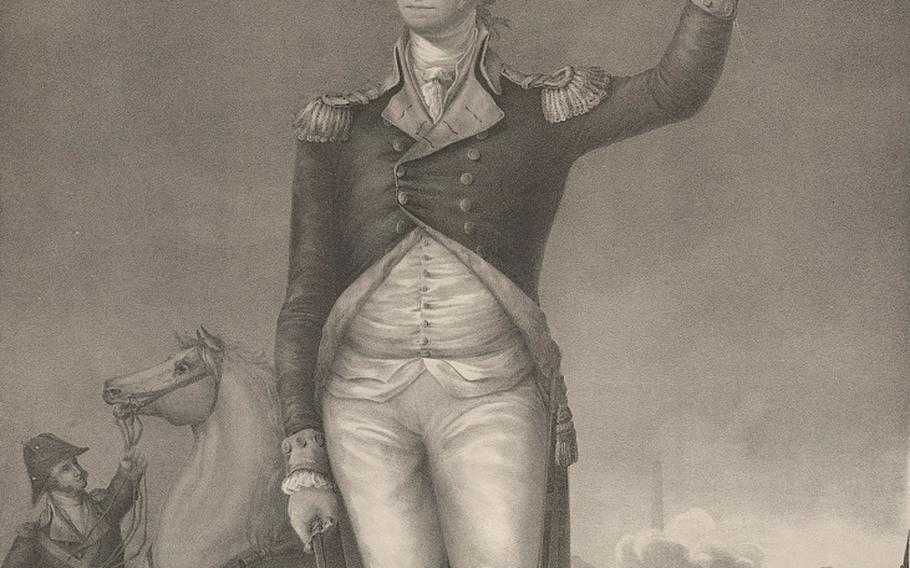 A cropped version of a print showing George Washington in his military uniform. 