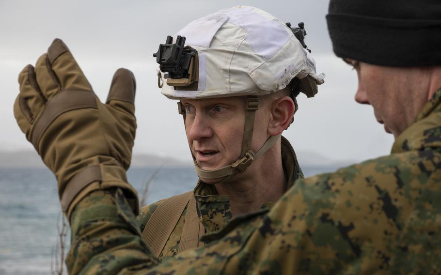 Lt. Col. Ryan Gordinier, commander of 3rd Battalion, 6th Marine Regiment, talks to Marines on March 21, 2022, after an amphibious landing that brought him to shore in Sandstrand, Norway. The landing was part of the Cold Response military exercise. 