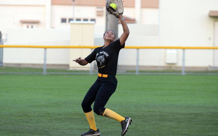 Kadena shortstop Jada Wolfgang hauls in a Kubasaki popup during Tuesday's DODEA-Okinawa softball game. The Panthers won 8-2 and took a 2-0 lead in the season series.