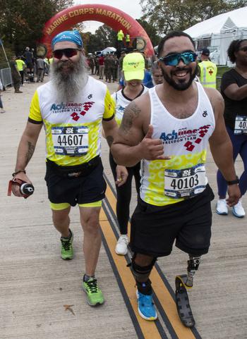 At the finish line of the 10k race at the 48th Marine Corps Marathon on Sunday, Oct. 29, 2023, in Arlington, Va.