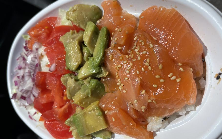 The salmon poke bowl from Pacific Grill, near Yokosuka Naval Base, Japan, features a tropical salsa with pineapples. 