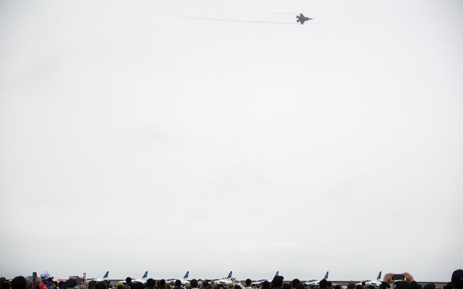 An F-35B Lightning II stealth fighter performs an aerial demonstration during the Friendship Day festival at Marine Corps Air Station Iwakuni, Japan, April 15, 2023.