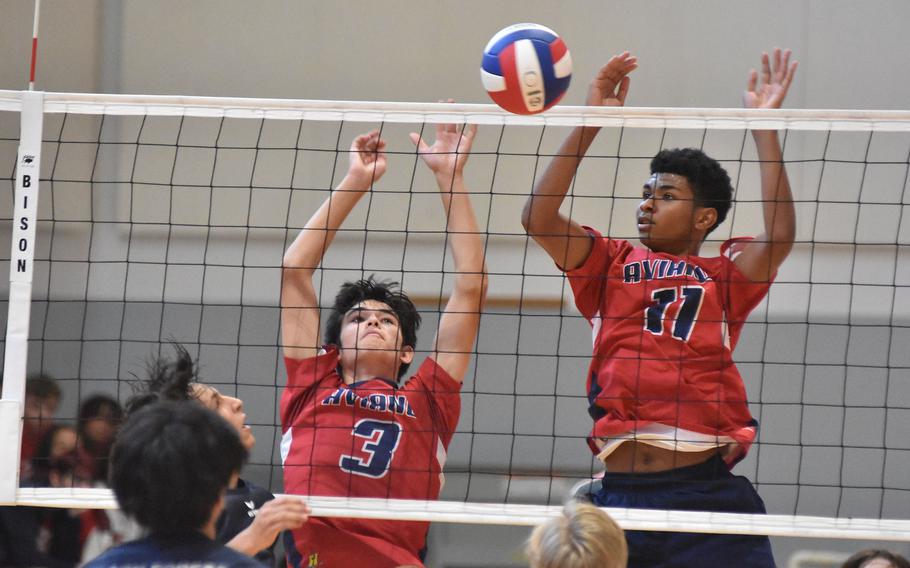 Aviano’s Xavier Fox and Nikko Monson watch the ball head back to the Black Forest Academy side after a successful block Thursday, Oct. 27, 2022 at the boys European championships in Aviano.

Kent Harris/Stars and Stripes