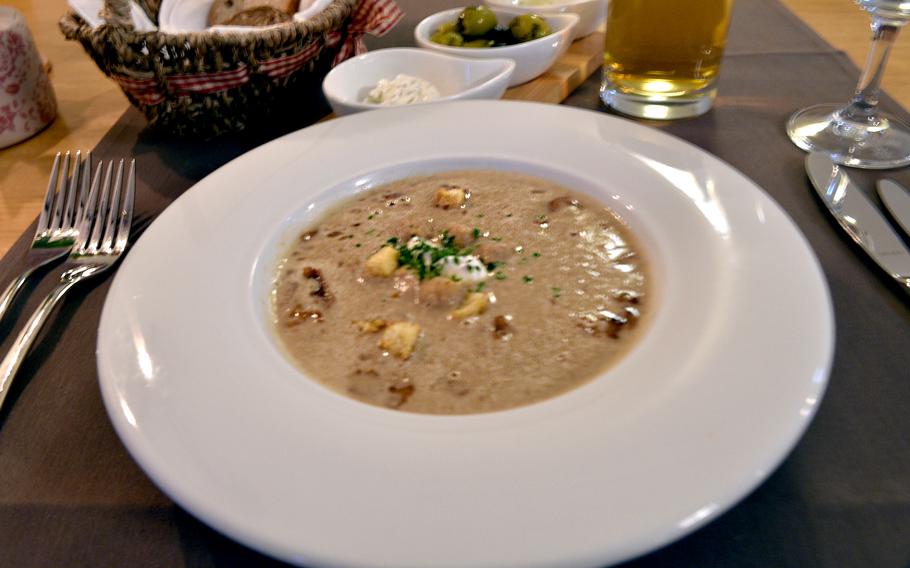 The chestnut soup at Restaurant Orangerie in Kirchheimbolanden, Germany, comes with croutons, pieces of bacon and sour cream.