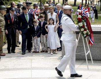 Roosevelt family members and other dignitaries take part in a wreath-laying ceremony at the National World War II Memorial in Washington, D.C., on the 79th anniversary of the start of the D-Day invasion, Tuesday, June 6, 2023.