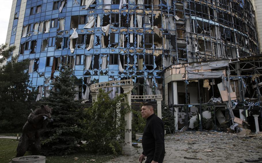 The Misto Hotel and Spa after it was blasted by a Russian attack in Kharkiv, Ukraine, on Sept. 9.