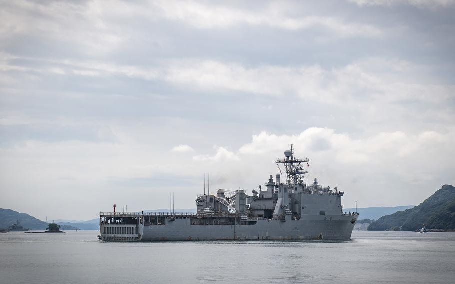 The amphibious dock landing ship USS Germantown departs Sasebo Naval Base, Japan, Wednesday, Sept. 15, 2021.
