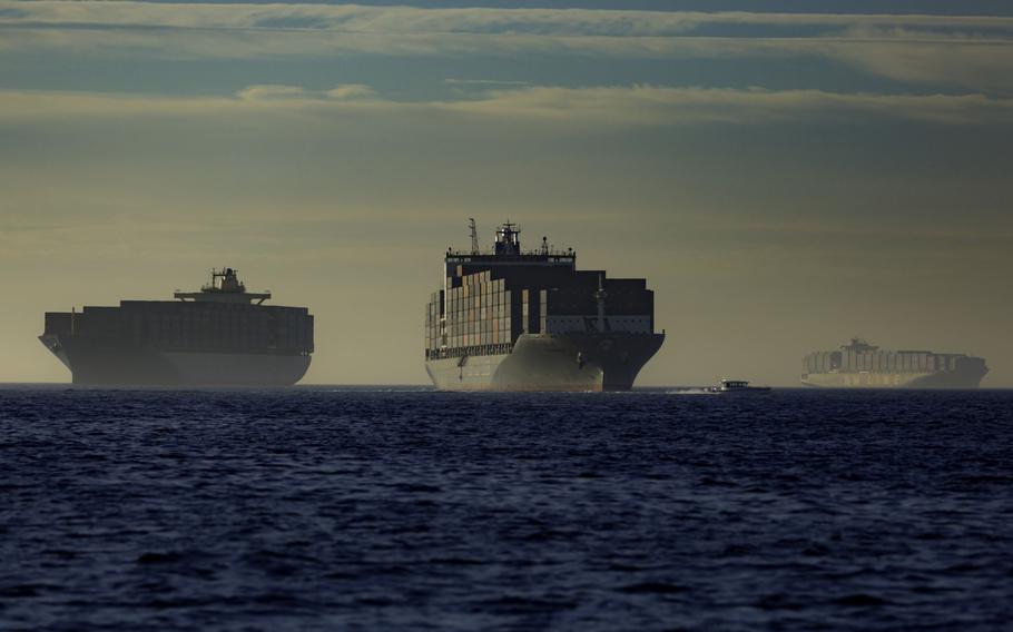 Container ships at anchor outside the Port of Los Angeles on Nov. 21. 