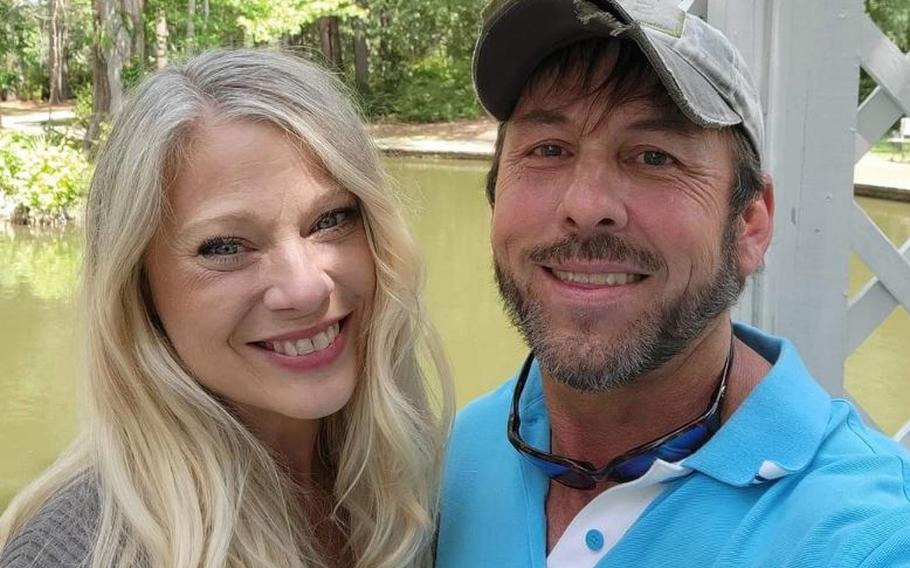 Scott Dubis, a U.S. military contractor, with his wife, Shay Dubis, in April 2022 after their wedding in Summerville, S.C. Scott Dubis was killed in a drone attack in Syria on March 23, 2023. 