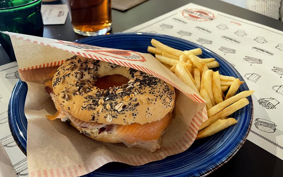 The bagel with salmon and caramelized red onions at Mezza Libbra Burger and Bakery in Pordenone, Italy on Feb. 2, 2024.