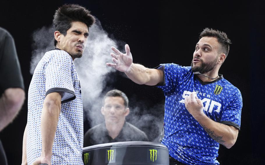 Azael Rodriguez slaps Jesus Gaspar at a Power Slap event in Rio De Janiero, Brazil, Nov. 30, 2022. The competitors must stand rigidly upright with their hands behind their backs, waiting to absorb the brutal blow to the face.  