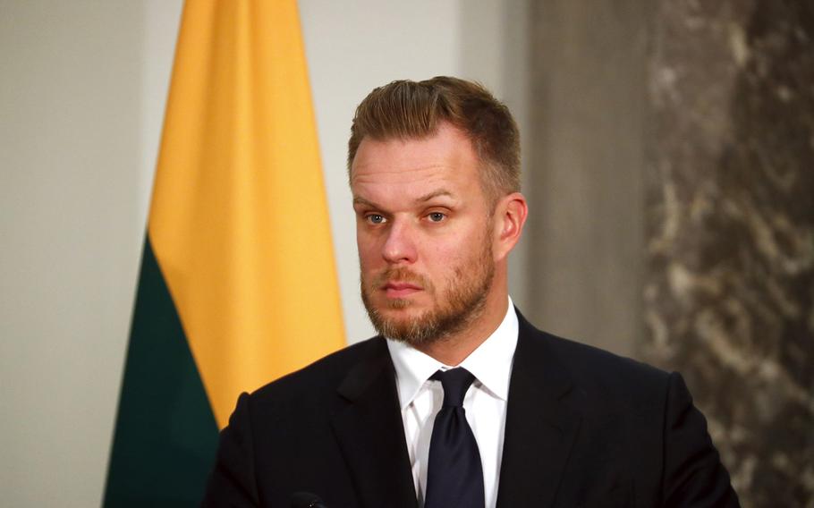 Lithuania's Foreign Minister Gabrielius Landsbergis attends a press conference in Riga, Latvia, on Sept. 7, 2023. 