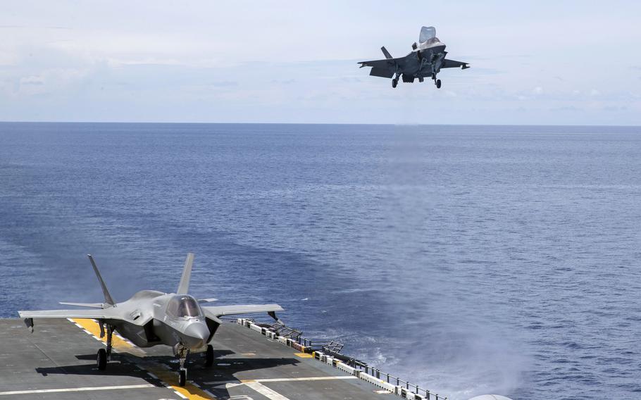 F-35B Lightning II aircraft assigned to Marine Medium Tiltrotor Squadron 262 come in for landings aboard amphibious assault carrier USS Tripoli in the South China Sea, Aug. 30, 2022. 