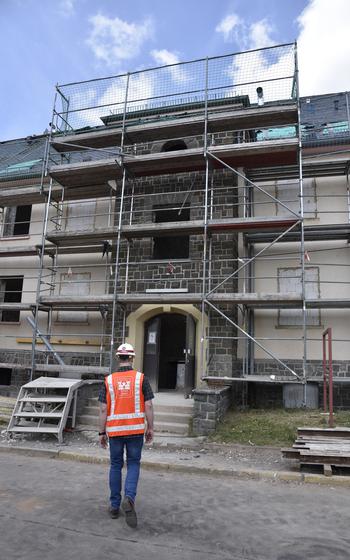 U.S. Army Corps of Engineers workers continue renovations at Smith Barracks in Baumholder, Germany May 17, 2022. The Army is planning to send hundreds of special operations troops to Baumholder soon, with more to follow. 