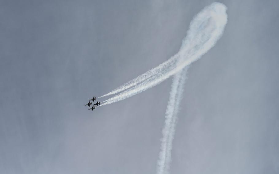 The Air Force Thunderbirds perform Oct. 21, 2023, at Thunder Over the Rock at Little Rock Air Force Base in Jacksonville, Ark.