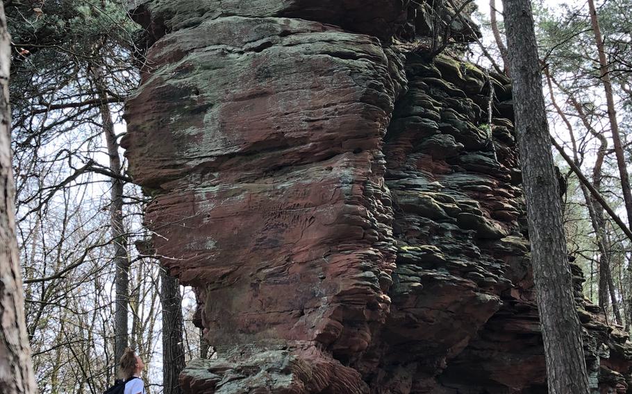 The Dimbacher Buntsandstein high path winds past towering pillars of red sandstone in the Pfalz Forest, just under an hour south of Kaiserslautern, Germany.