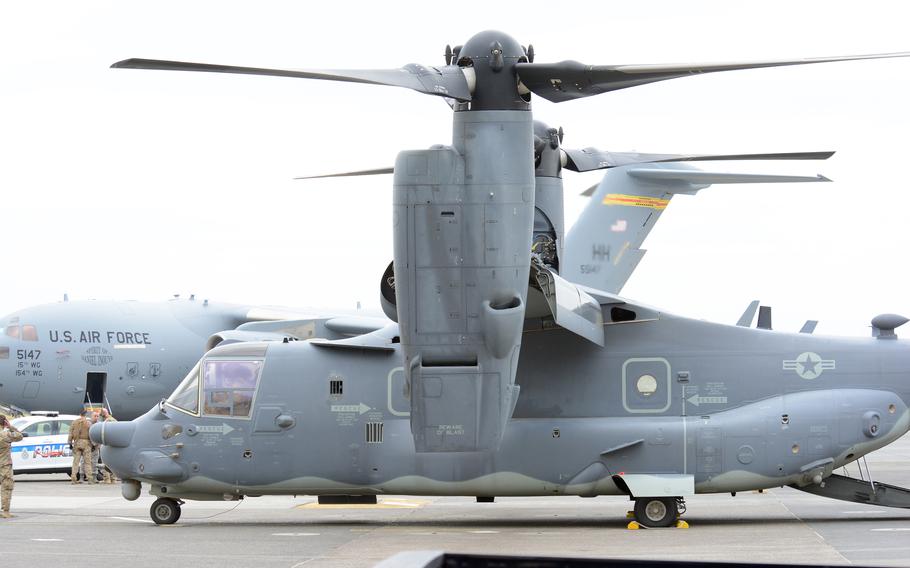 A CV-22B Osprey arrives at Yokota Air Base, Japan, April 5, 2018.