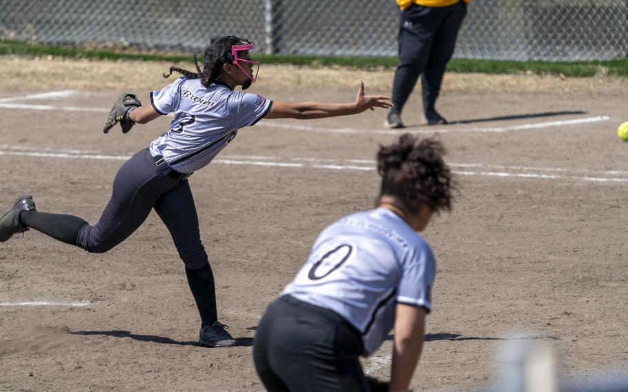 Kalease Brown is one of two senior pitching options for Zama's softball team.