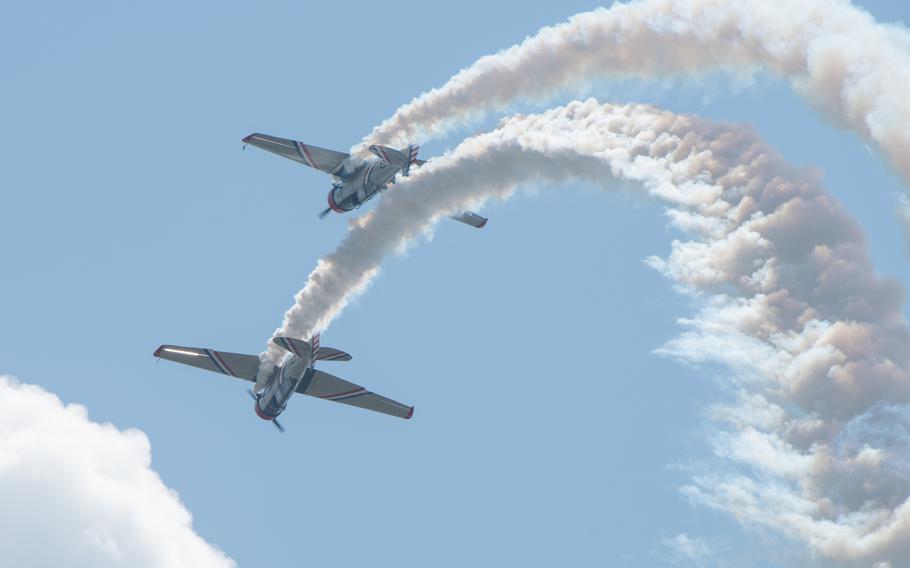 Two Warbird Thunder Flying Team SNJ-2 Texan aircraft perform during the Charleston Airshow at Joint Base Charleston, S.C., Saturday, April 20, 2024. 