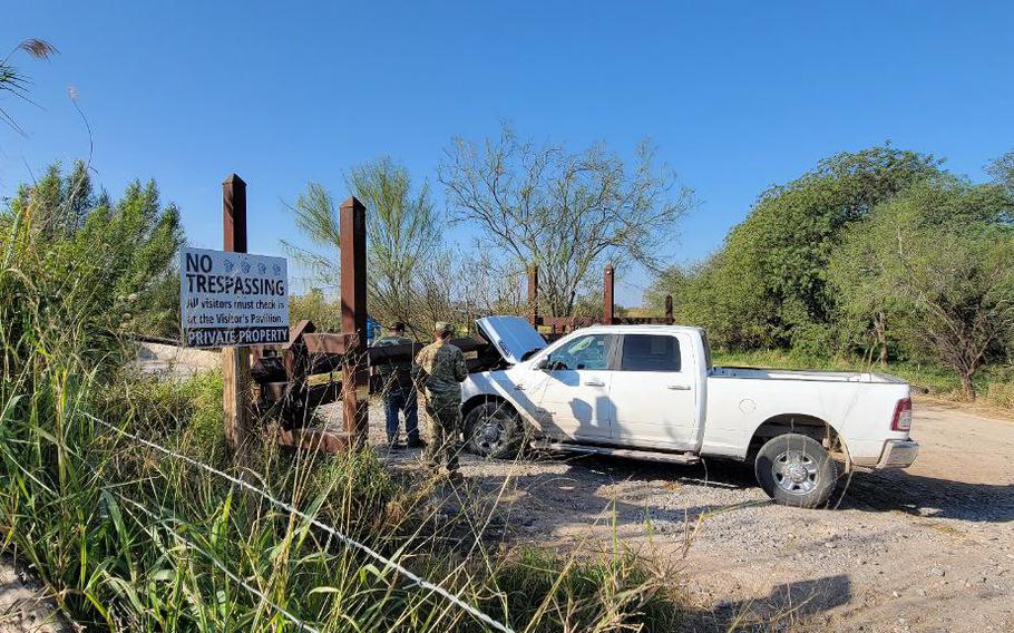 Members of the Texas National Guard working on Operation Lone Star crashed a rented pickup truck into a fence at the National Butterfly Center on Jan. 19, 2022. The center said the accident is part of an ongoing problem with troops trespassing on their land. 