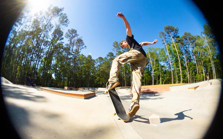 A man skateboards in an Irmo, S.C., skate park.