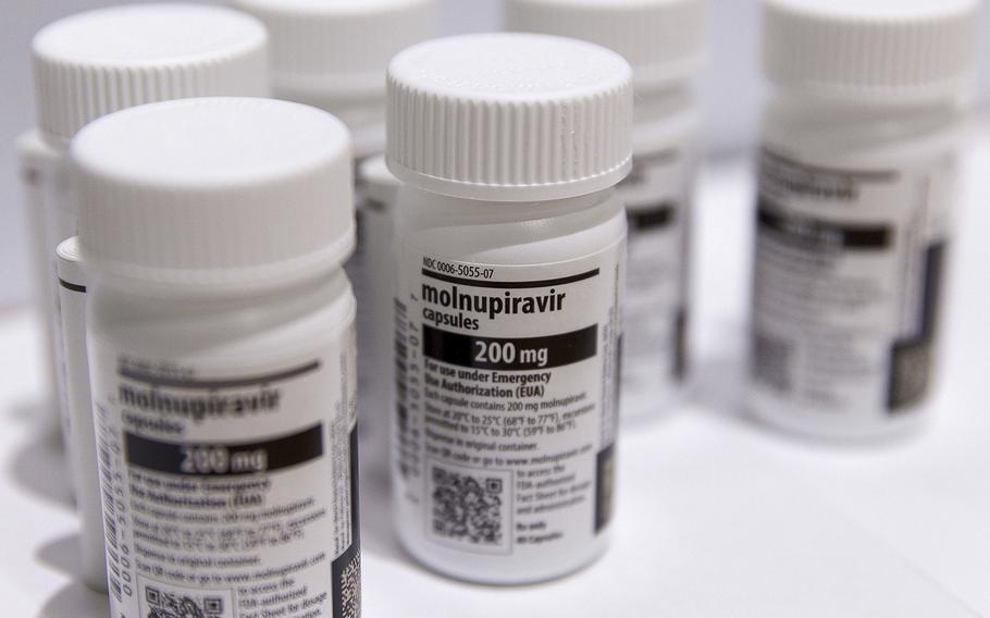 Bottles of Merck & Co. and Ridgeback Biotherapeutics’s Molnupiravir antiviral medication arranged in a warehouse in Shoham, Israel, on Jan. 18, 2022. 