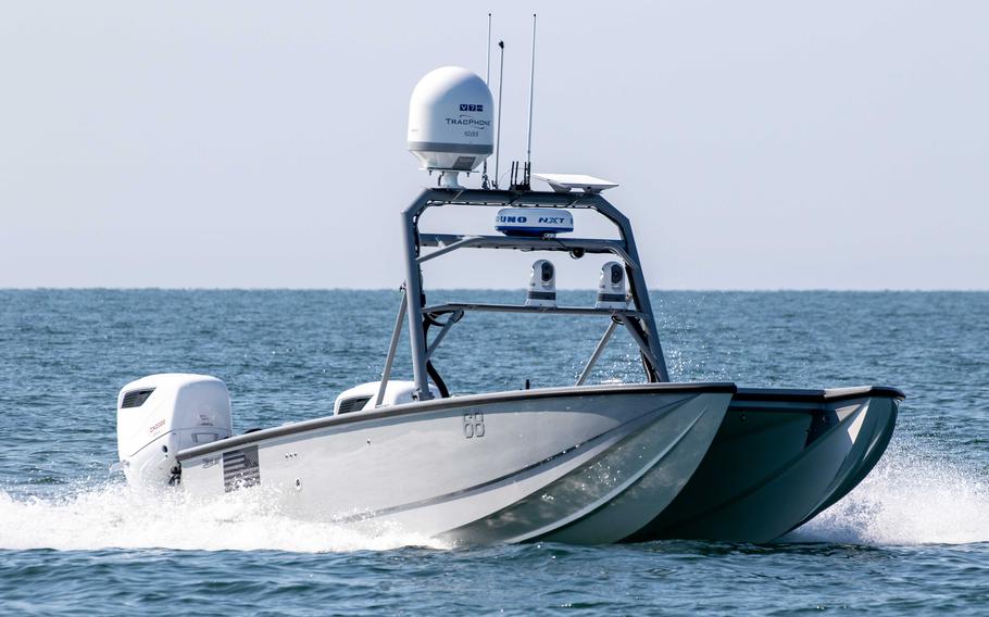 Sailors test an unmanned surface vehicle during Baltic Operations 2023 in the in the Baltic Sea. The U.S. Navy tests unmanned sea vessels for potential use in personnel rescue and recovery operations.