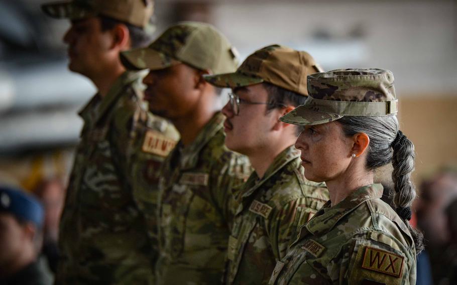 Airmen of the 52nd Fighter Wing stand in formation during the change of command ceremony June 2, 2023, at Spangdahlem Air Base, Germany.