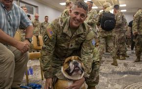 A soldier embraces Rocky the Bulldog, the live mascot for the division.