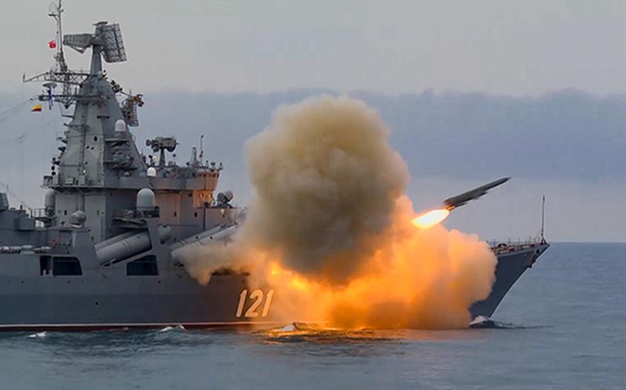 The Russian cruiser Moskva, or Moscow, fires a missile in the Black Sea in April 2021. The Moskva is the flagship of the Russian navy's Black Sea Fleet. The Russian navy confirmed the ship was damaged April 13, 2022, and ammunition aboard the vessel detonated as a result of a fire. Ukrainian officials say their forces struck the ship with missiles.