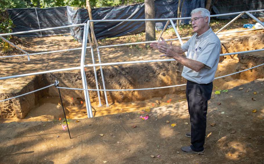 Wade Catts, President/Principal Archaeologist with South River Heritage Consulting, speaks about the dig site in National Park, N.J., on Tuesday, Aug. 2, 2022. Archaeologists discovered 13 sets of remains of possible Hessian soldiers from the 1777 Battle of Red Bank.