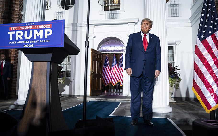 Former president Donald Trump speaks during an event at Trump National Golf Club in Bedminster, N.J., on June 13. MUST CREDIT: Washington Post photo by Jabin Botsford