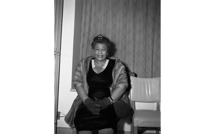 Famed jazz vocalist Ella Fitzgerald at the Nikkatsu hotel in Tokyo, Japan Nov. 3, 1953. Fitzgerald was in town with Norman Granz and his Jazz at the Philharmonic. She and the band attended a reception held in their honor on the sixth-floor banquet room of the hotel.