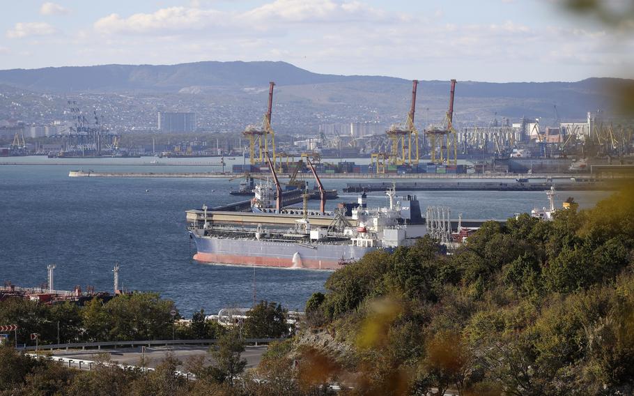 An oil tanker is moored at the Sheskharis complex, part of Chernomortransneft JSC, a subsidiary of Transneft PJSC, in Novorossiysk, Russia, on Oct. 11, 2022, one of the largest facilities for oil and petroleum products in southern Russia. 