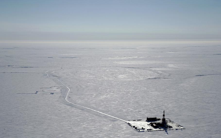 This 2019 aerial photo provided by ConocoPhillips shows an exploratory drilling camp at the proposed site of the Willow oil project on Alaska’s North Slope.