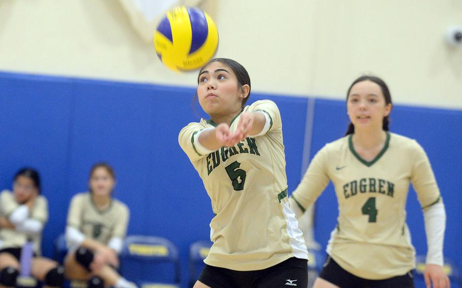 Robert D. Edgren's Keira Marrero bumps the ball against Yokota during Saturday's DODEA-Japan girls volleyball match. The Panthers won in three sets Saturday and four sets Friday.