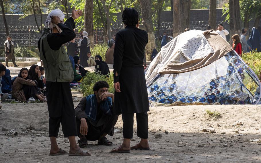 Displaced Afghans camp out at a Kabul park on Friday, Aug. 13, 2021, before the Taliban swept into the city. The Taliban’s sweep through Afghanistan has spurred many veterans and others to seek ways to ease the humanitarian suffering in the country.