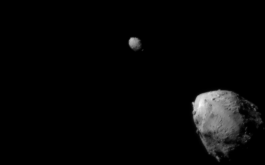 Asteroid Didymos (top left) and its moonlet, Dimorphos, are shown about 2.5 minutes before the impact of NASA’s DART spacecraft.