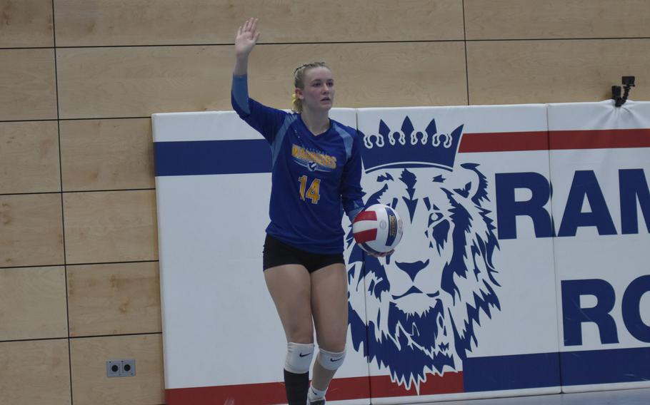 Wiesbaden’s Elizabeth Troxel prepares to serve the ball during the DODEA-Europe Division I girls’ volleyball championship on Saturday, Oct. 29, 2022, at Ramstein High School in Germany. Wiesbaden won the match in four sets. Troxel, a junior setter, was named the tournament’s most valuable player.