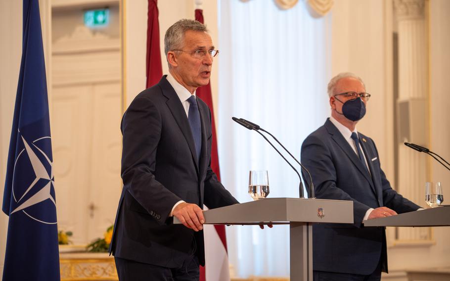 NATO Secretary-General Jens Stoltenberg, left, speaks to reporters alongside Latvian President, Egils Lvits, in Riga, Latvia, March 8, 2022. The officials discussed the humanitarian impact of Russia’s invasion of Ukraine and its security implications.
