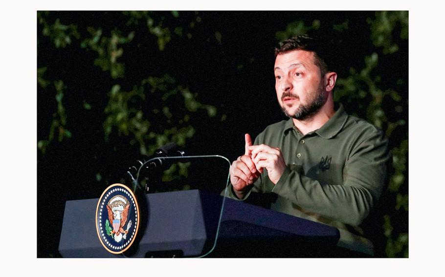 Ukrainian President Volodymyr Zelenskyy attends a briefing after a bilateral meeting on the sidelines of the G7 summit, in Fasano, Italy, on June 13, 2024.