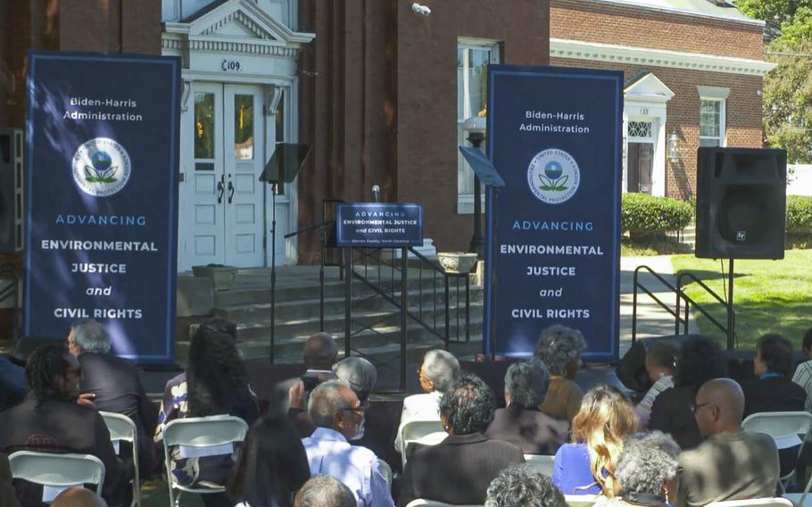 A video screen grab shows a gathering outside the EPA’s new Office of Environmental Justice and External Civil Rights.