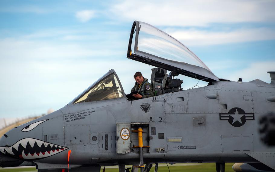 An Air Force A-10 Thunderbolt II pilot calculates air time and determines status of aircraft upon arrival at Andersen Air Force Base, Guam, Oct. 23, 2022. 