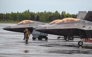 U.S. Air Force Staff Sgt. Isaiah Eyeland of the 90th Fighter Generation Squadron salutes an F-22 Raptor pilot June 3, 2025, in Alaska during Exercise Tropic Tundra, in preparation for Exercise Resolute Force Pacific.
