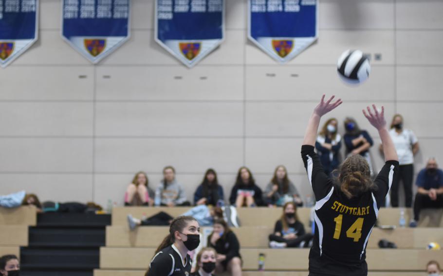 Stuttgart senior setter Katie Bishop passes the ball during the DODEA-Europe Division I girls’ volleyball championships on Saturday, Oct. 30, 2021, at Ramstein High School in Germany. Bishop had 36 assists in the match. The Panthers beat Wiesbaden in five sets to win the championship.