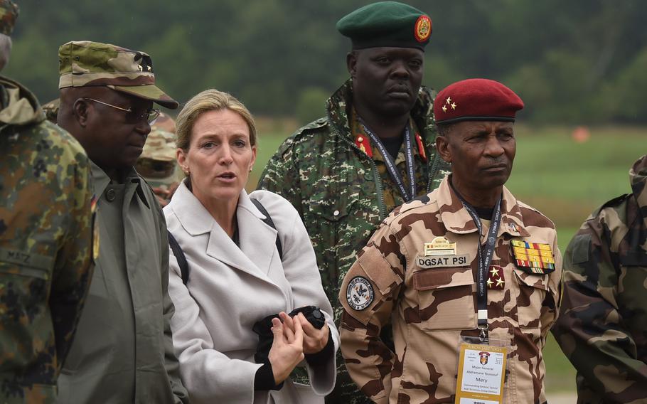 African leaders gather to hear what type of training they will be seeing on Sept. 14, 2022 at the Vilseck training area. Leaders watched as soldiers from the 2nd Cavalry Regiment completed testing for the Expert Infantry Badge.