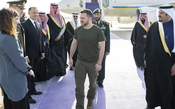Ukrainian President Volodymyr Zelenskyy arrives at King Khalid International Airport, in Riyadh, Saudi Arabia, on Feb. 27, 2024.