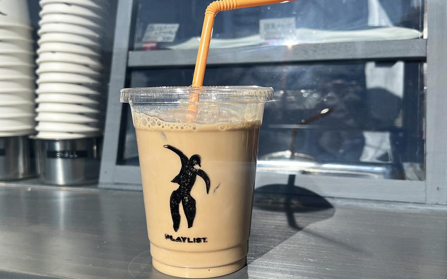 The iced caramel latte from Playlist, a new coffee bar near Yokota Air Base in western Tokyo, wasn’t too sweet and boasted the perfect blend of coffee and caramel flavors.  